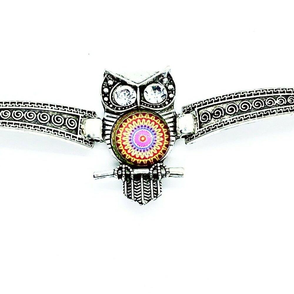 Boho Owl Rhinestone Silver-Tone Bracelet - Picture 2 of 5